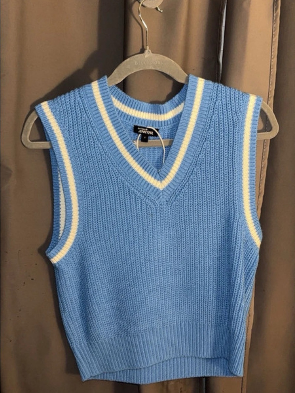 Sky Blue Knit V-Neck Sweater Vest with White Trim